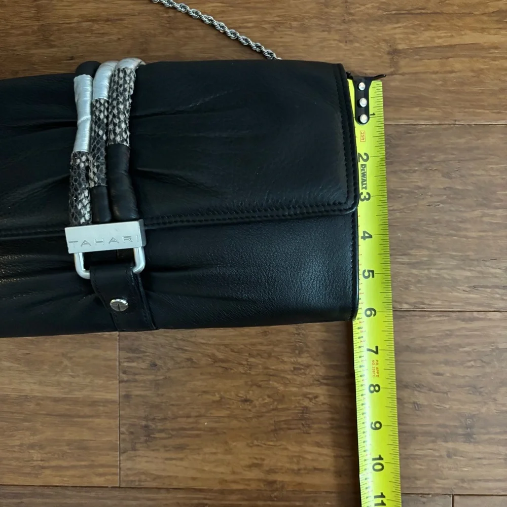 Tahari Black Leather Ruched Clutch Silver Chain Shoulder Bag